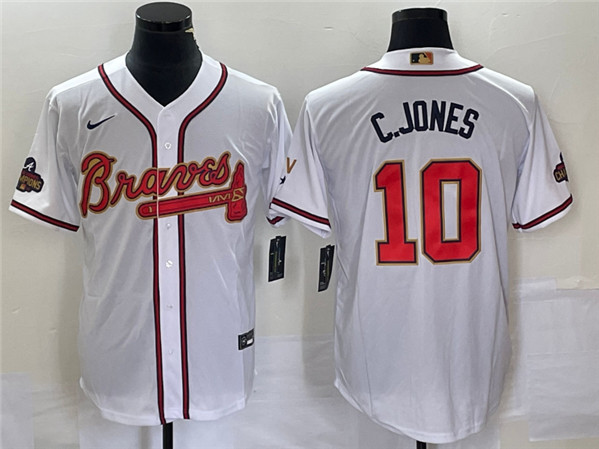 Men's Atlanta Braves #10 Chipper Jones 2022 White/Gold World Series Champions Program Cool Base Stitched Jersey